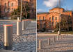 Group of three stainless steel automatic telescopic hydraulic bollards with a modern design, showcasing their sleek finish and functional features for efficient traffic management.