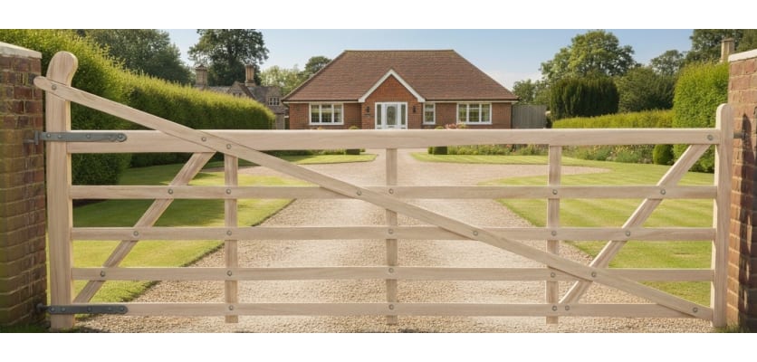 A Sawn Timber Ranch Gate Installed outside a house 