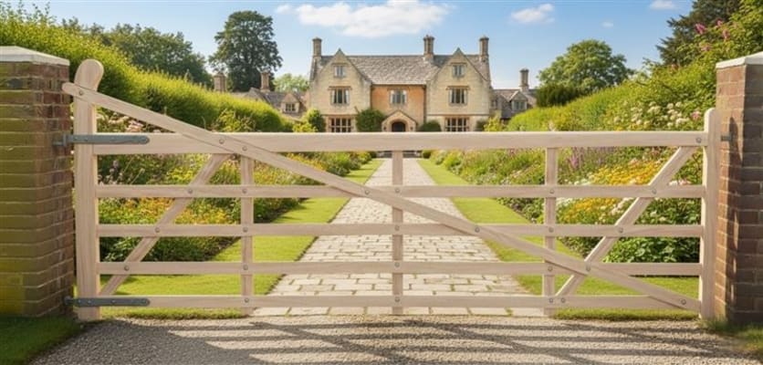 A ranch gate on a stone pathway, leading to a house