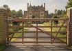 A 1.2m High Meranti Timber Ranch gate outside a manor house 