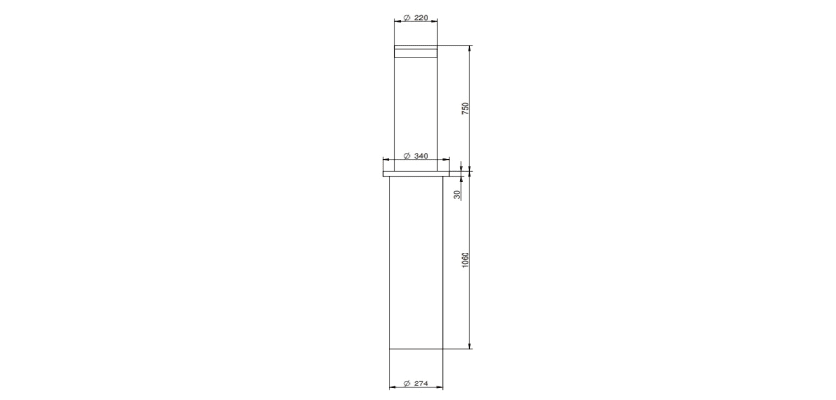 A technical drawing of the Benito H7508 Stainless Steel Automatic Telescopic Hydraulic Bollard