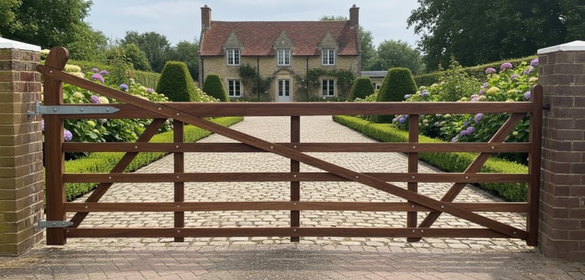 A 1.2m High Iroko Hardwood Timber Ranch Gate installed outside a large house