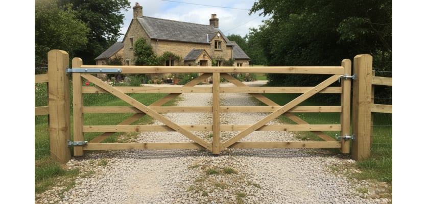 A 1.2m High Sawn Softwood Timber Field Gate securing a Driveway