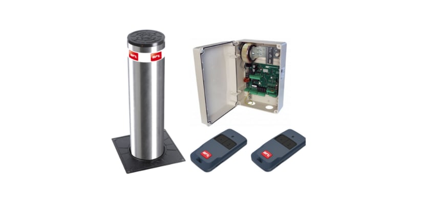 A Stainless Steel Finish BFT Stoppy B 700 Electric Automatic Security Bollard with Contol Unit and Fobs