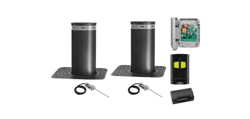 Hydraulic automatic bollards kit featuring Rise Spartacus 275/600-2 model, designed for robust security and traffic control.
