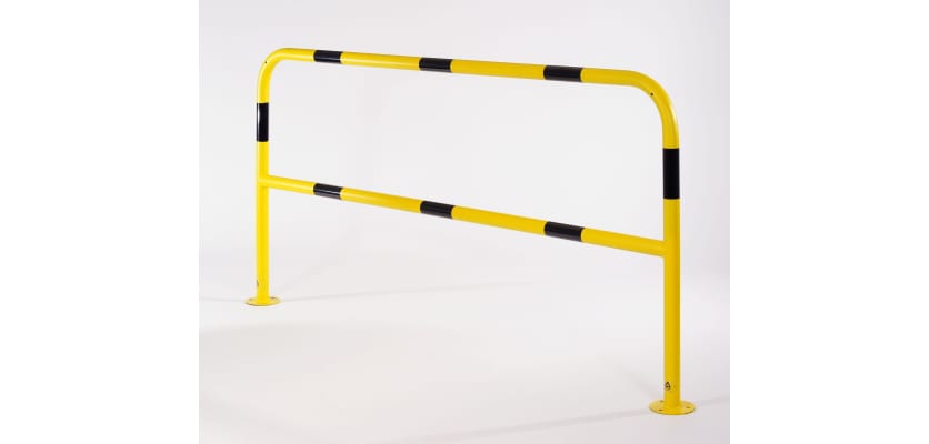 48mm diameter hooped barrier with black and yellow finish and horizontal rail