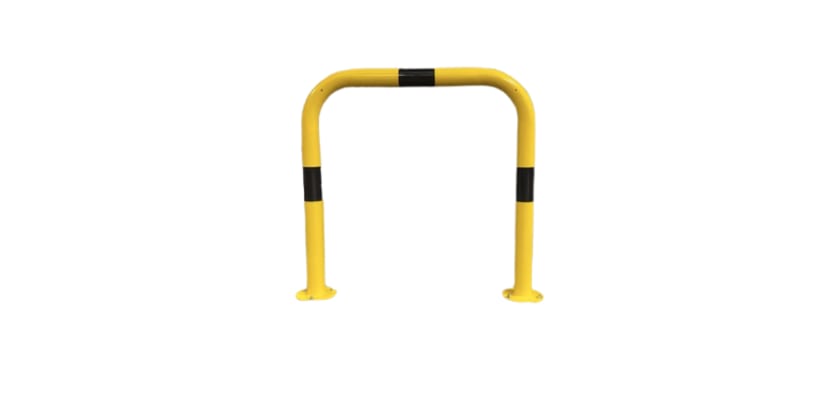 Black and yellow hooped barrier with bolt down plates