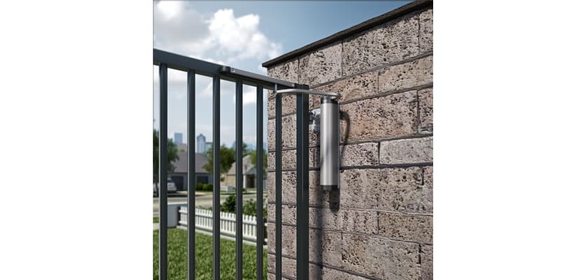 Wall-mounted Locinox Verticlose All-Round Hydraulic Gate Closer installed on a wall for a gate
