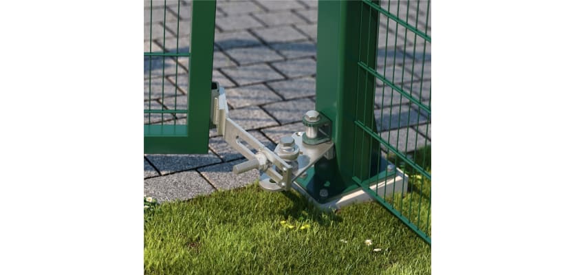 Locinox Excentro 180° Hinge Set For Ascending Slopes installed on a green mesh gate