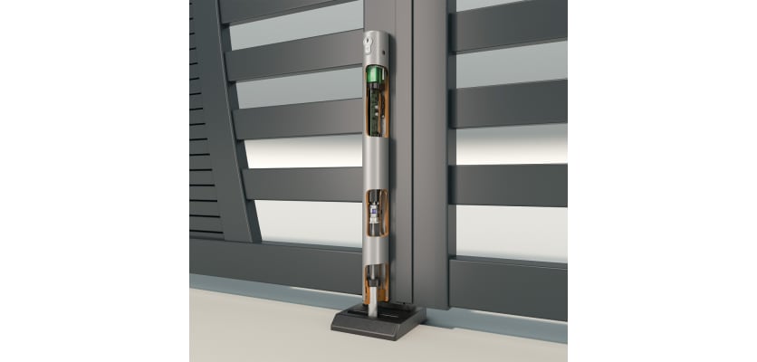 Silver Locinox ElectraDrop Electrical Dropbolt installed at gate entrance