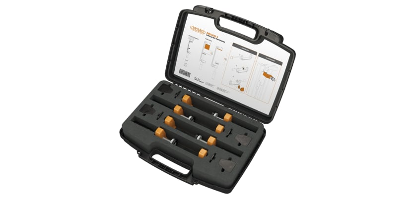 The Locinox Drillvise-4 Clamp Set in its Storage Toolbox 