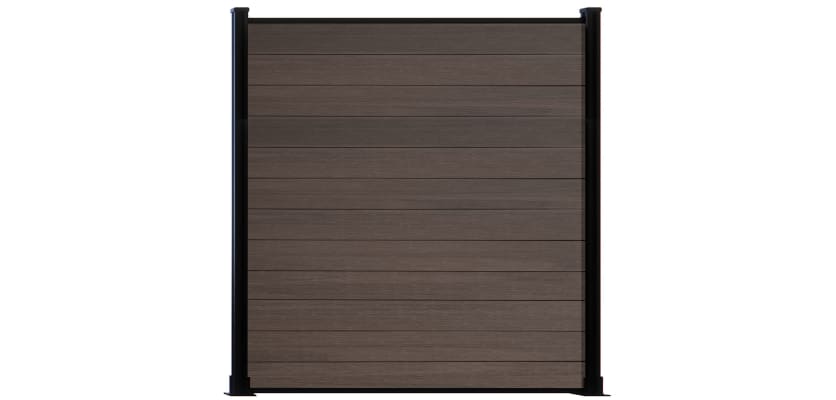 Wood grain walnut composite fencing with black frame