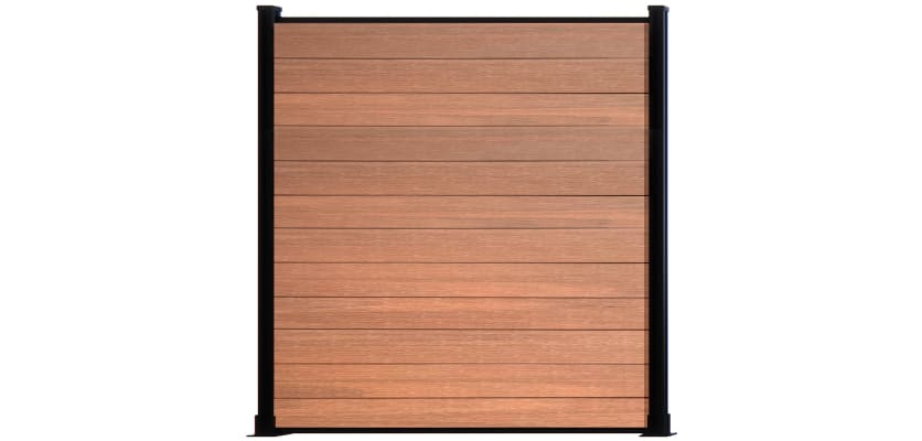 Wood grain teak composite fencing with black frame