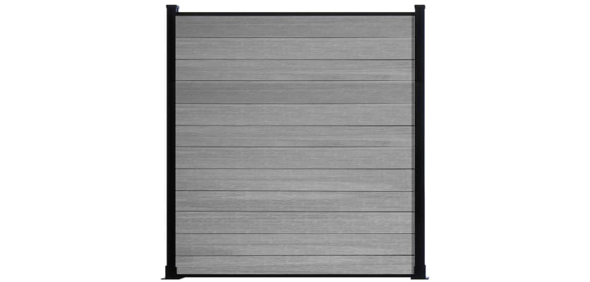 Wood grain light grey composite fencing with black frame