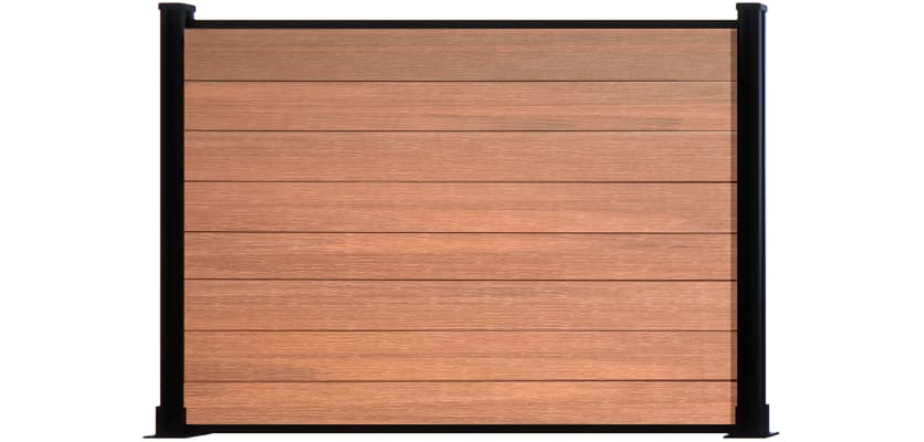 Wood grain teak composite fencing with black frame