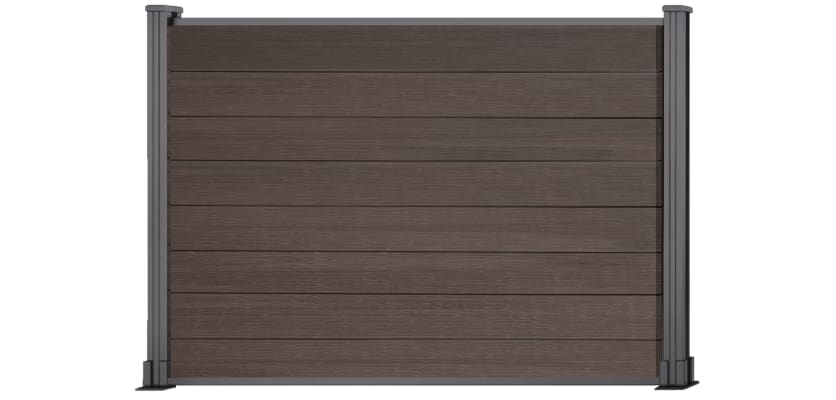Wood grain walnut composite fencing with grey frame
