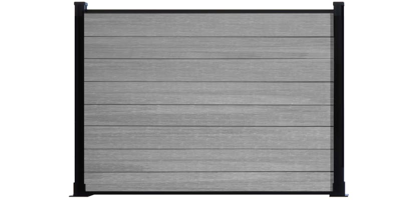 Wood grain light grey composite fencing with black frame