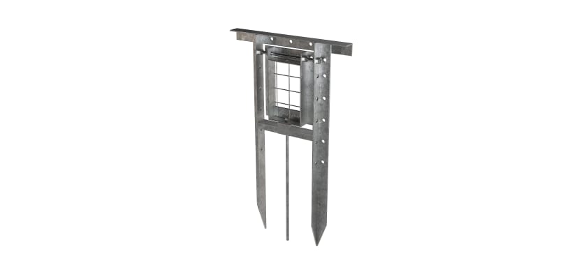 Back view of galvanised badger gate showing ground spikes for installation