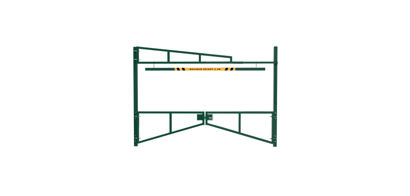 Yellow Double Swing Barrier with High-Level Swing Arm Kit with Maximum Height Restriction label