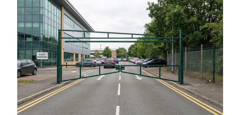 Grenn Double Swing Barrier with High-Level Swing Arm Kit at a staff car park