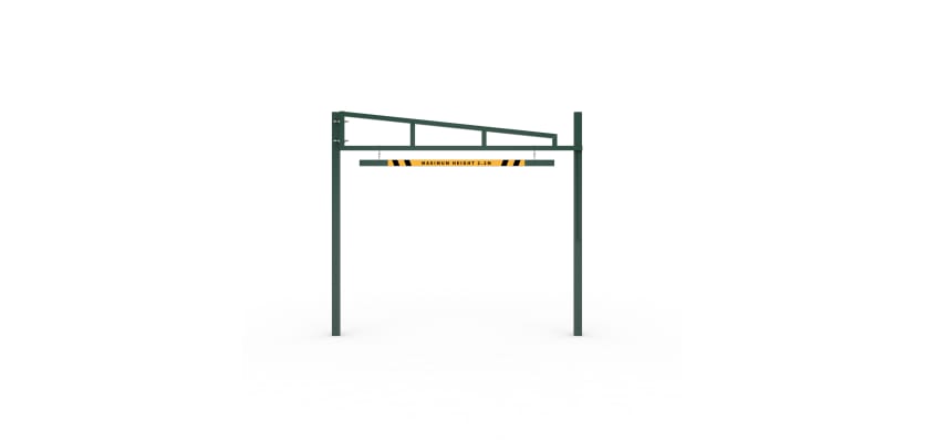 Yellow Swing Height Restrictor Barrier with Maximum Height Restriction label