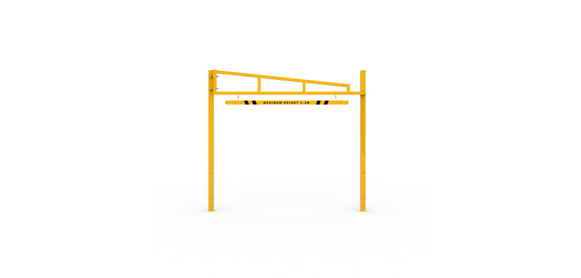 Yellow Swing Height Restrictor Barrier with Maximum Height Restriction label