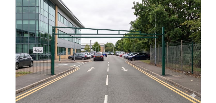 Green Swing Height Restrictor Barrier installed at a staff parking entrance