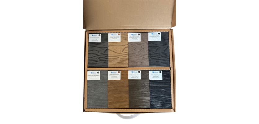 The Bambura Wood Composite Decking Samples Box Showing all of the available samples 