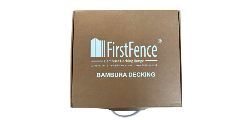The lid of the Bambura Wood Composite Decking Samples Box with the First Fence Logo