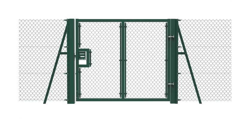 Green 1.8m High Chain Link Single Leaf Gate Kit with vertical support and strainer posts