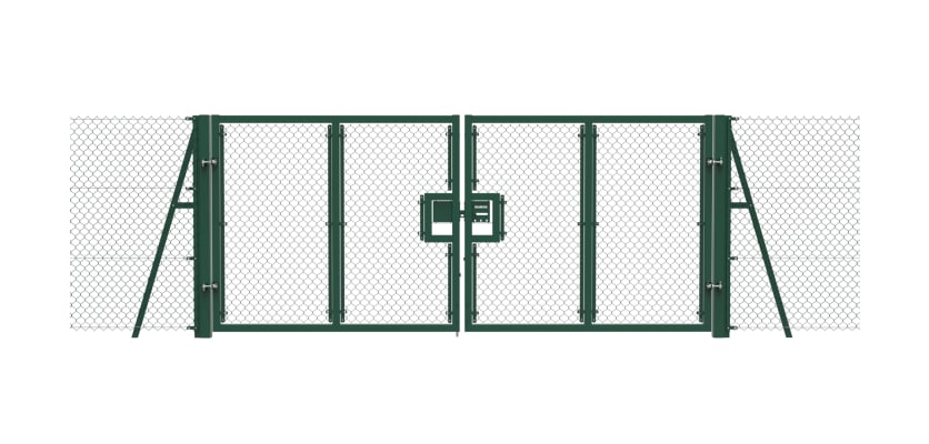 Green 1.8m High Chain Link Double Leaf Gate Kit with vertical supports and end strainer posts 