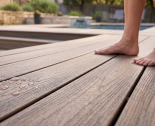Close-up of NewStead capped composite decking boards showing a realistic wood grain texture in gray.