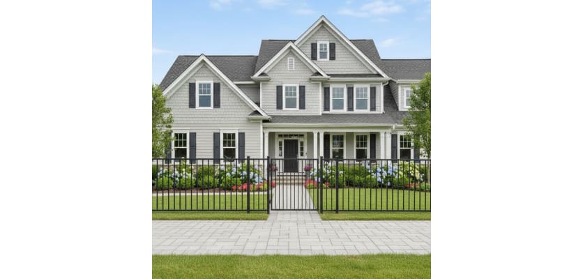 OldStead Welded Residential 2 Rail Flat Top Walk Gate outside large house