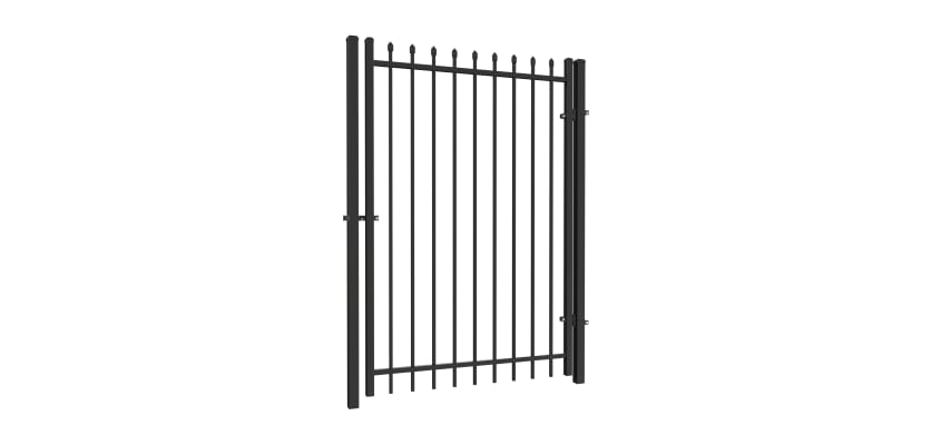 OldStead Welded Residential 2 Rail Spear Top Walk Gate in black, featuring a decorative spear top design
