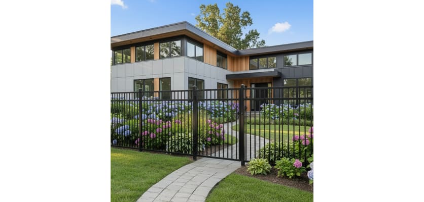 OldStead Welded Residential 3 Rail Flat Top Walk Gate installed in front yard