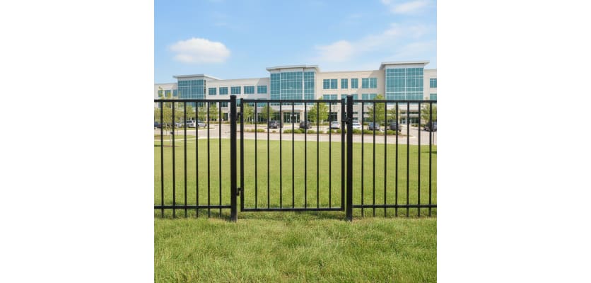 OldStead Welded Commercial 2 Rail Flat Top Walk Gate installed around commercial estate