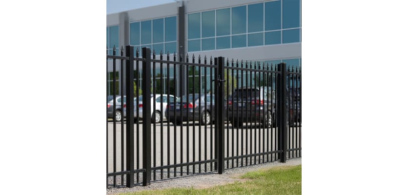 OldStead Welded Commercial 2 Rail Spear Top Walk Gate installed outside office parking
