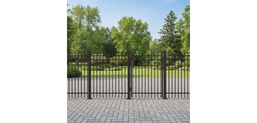 OldStead Rackable Commercial 3 Rail Spear Top Walk Gate installed in a commercial space