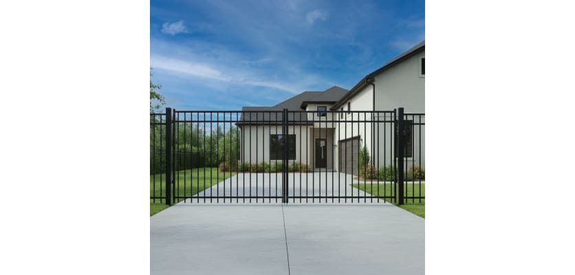 OldStead Welded Residential 3 Rail Flat Top Drive Gate installed in front of residential property