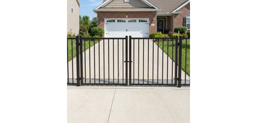 OldStead Welded Commercial 2 Rail Flat Top Drive Gate installed outside property
