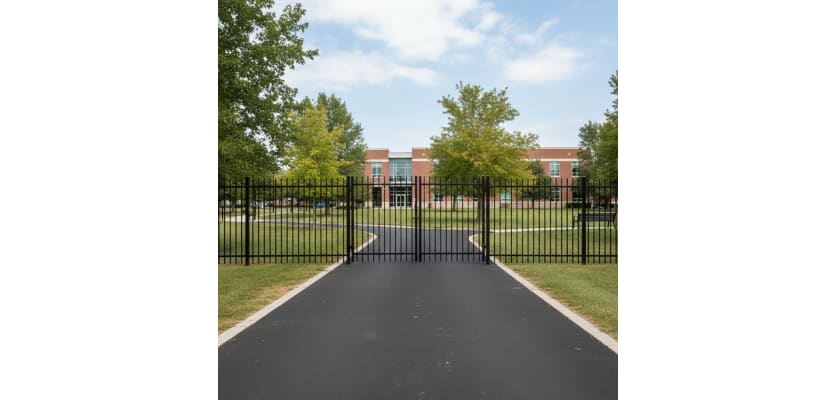 OldStead Welded Commercial 2 Rail Extended Top Drive Gate installed in front of property 