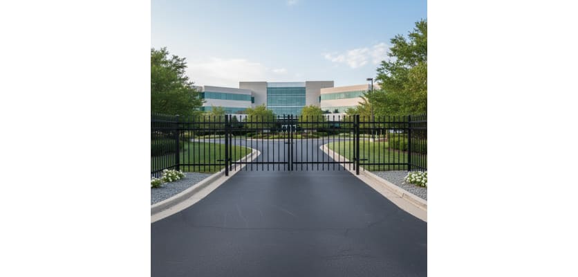 OldStead Rackable Commercial 3 Rail Spear Top Drive Gate installed outside commercial property