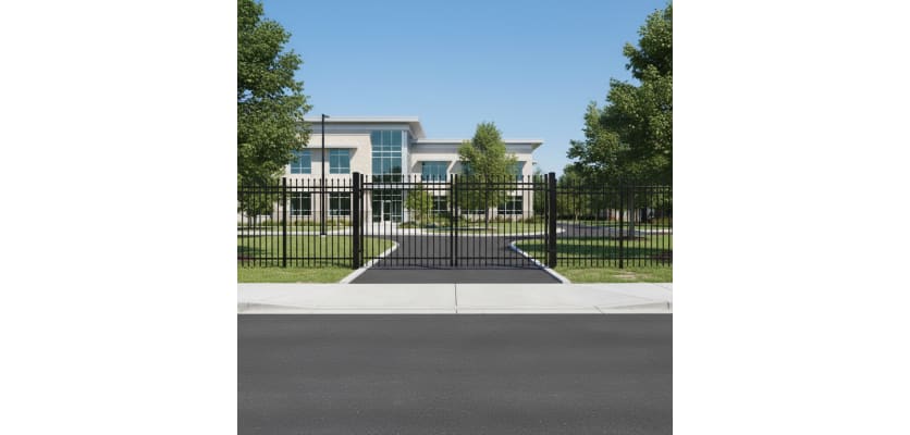 OldStead Rackable Commercial 3 Rail Spear Top Drive Gate installed outside commercial property