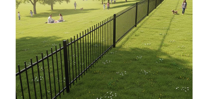 Black ornamental iron fence panels along a grassy public park with people and dogs in the background.