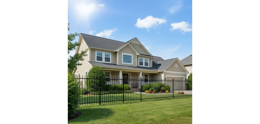 OldStead Welded Residential 58" 2 Rail Extended Top Fencing installed outside large house 