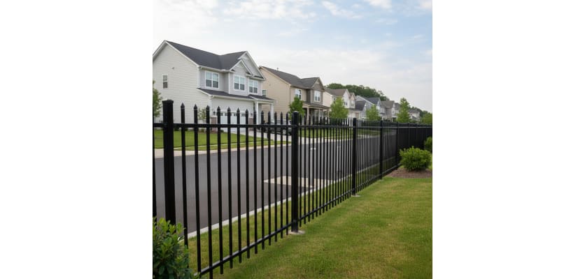 OldStead Welded Residential 70" 2 Rail Spear Top Fencing installed outside house 
