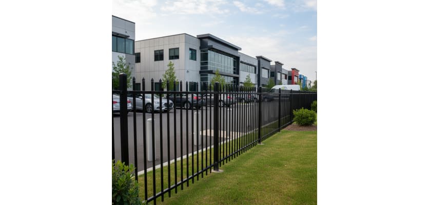 OldStead Welded Commercial 70" 2 Rail Spear Top Fencing installed in parking lot