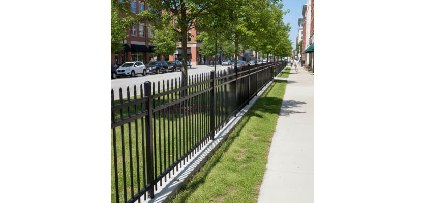 OldStead Rackable Commercial 46" 3 Rail Spear Top Fencing installed in parking lot