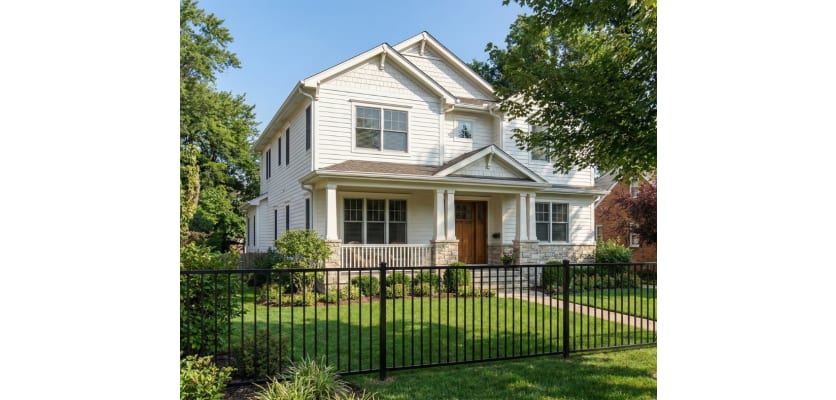 4' H x 6' W Black Aluminum Rackable Residential 2-Rail Flat Top Fence Panel installed around a residential yard.