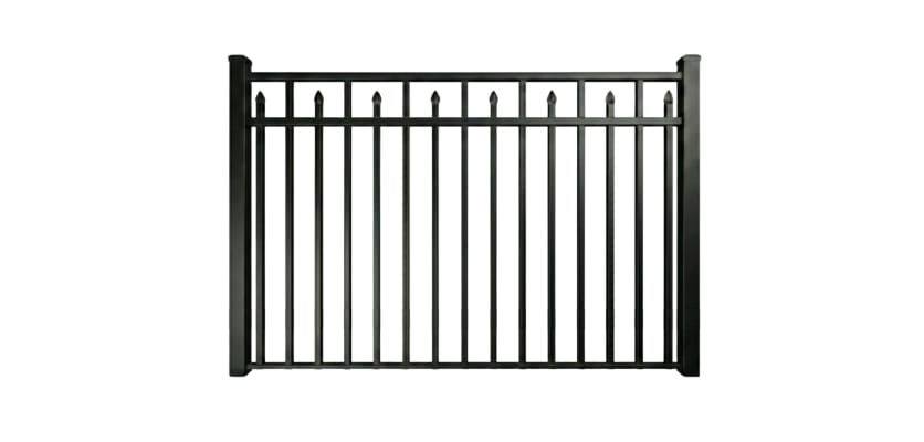4.5' H x 6' W Black Aluminum Rackable Residential 3-Rail Staggered Spear Flat Top Fence Panel